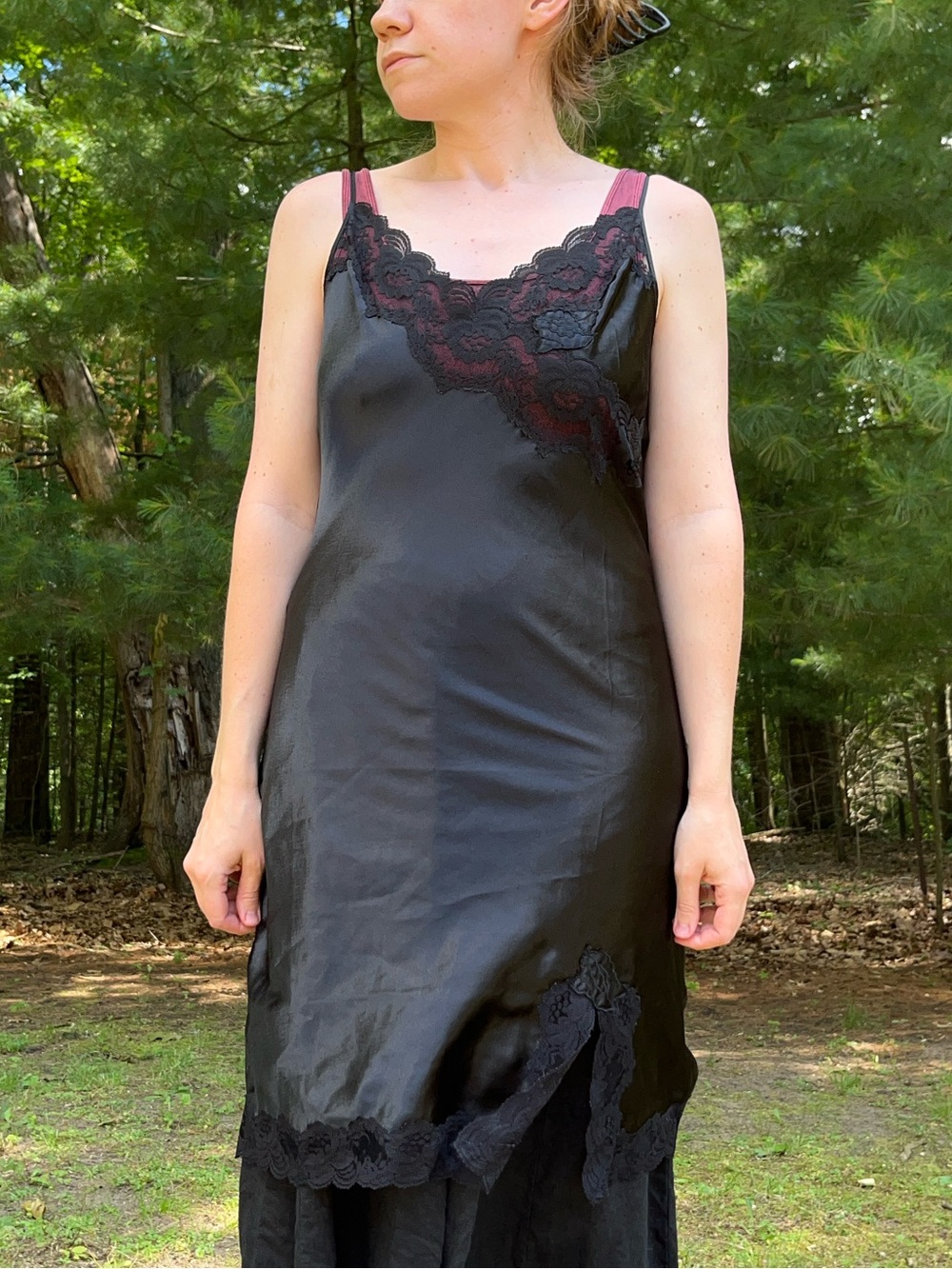 90s Victoria’s Secret Gold Label Black Midi Slip Dress Lace Trim Size M Lingerie - Picture 7 of 15